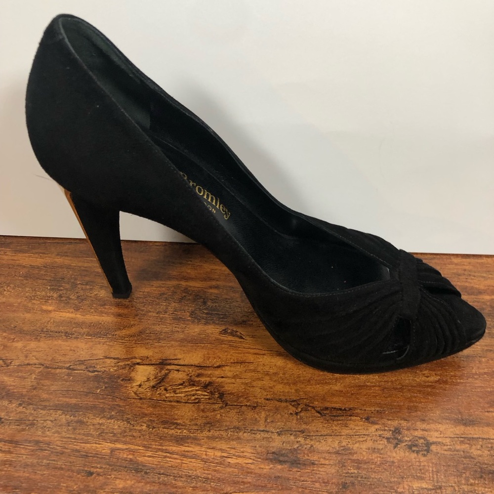 Russell &‎ Bromley Black Suede Heels Open Toe Womens Size US 6 EU 37 UK 4 Italy - Picture 7 of 11